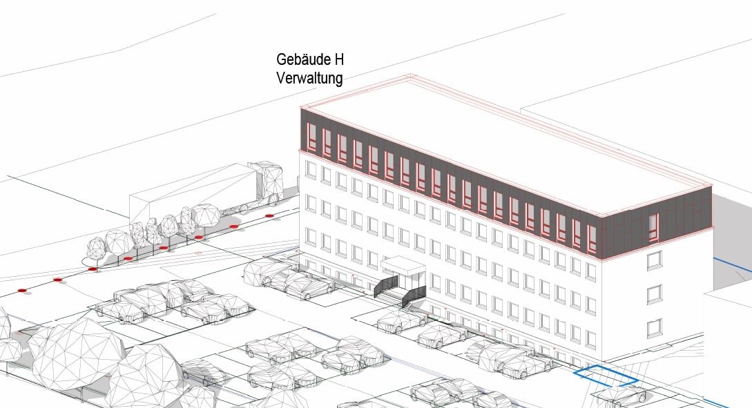 Änderung eines Bürogebäudes durch Aufstockung – i&m Zentrallager, Euskirchen: Plan bzw. Modell aus der Tragwerksplanung