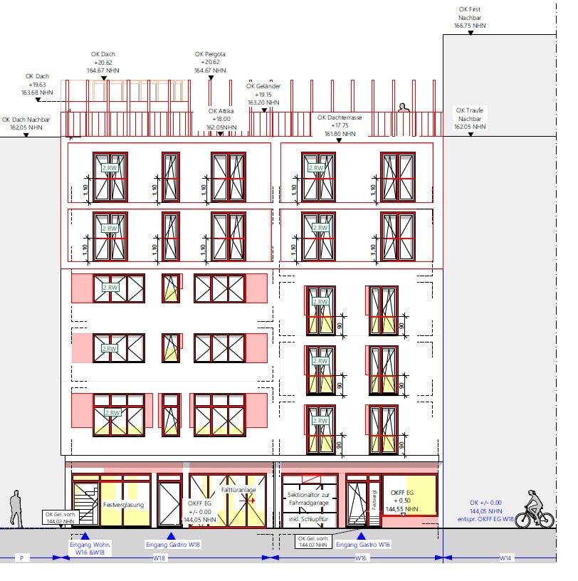 Umnutzung, Umbau und Aufstockung von 3 Wohnhäusern mit Gewerbeflächen im EG: Plan bzw. Modell aus der Tragwerksplanung
