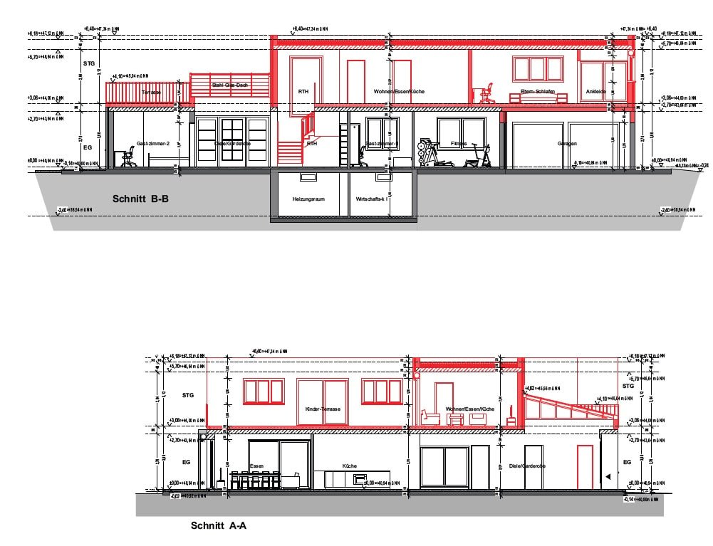Aufstockung eines Einfamilienhauses um ein Staffelgeschoss, Ratingen: Plan bzw. Modell aus der Tragwerksplanung